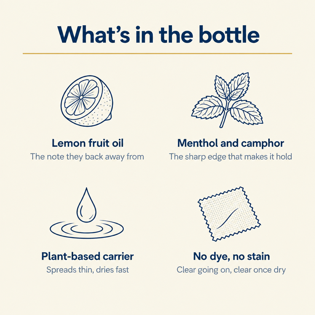 What is in the bottle, lemon fruit oil, menthol and camphor, plant based carrier, no dye