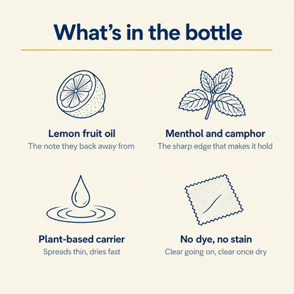 What is in the bottle, lemon fruit oil, menthol and camphor, plant based carrier, no dye