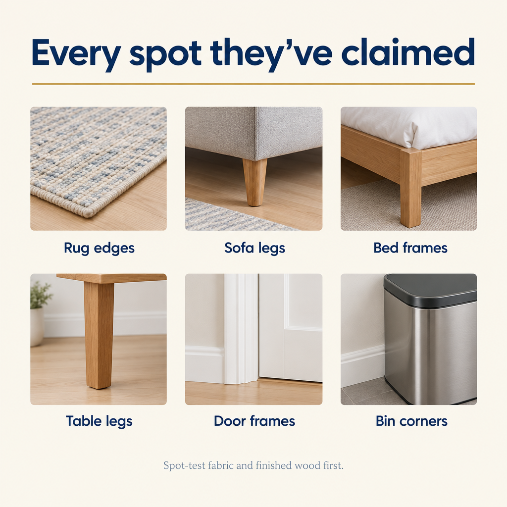 Every spot they have claimed, rug edges sofa legs bed frames table legs door frames bin corners