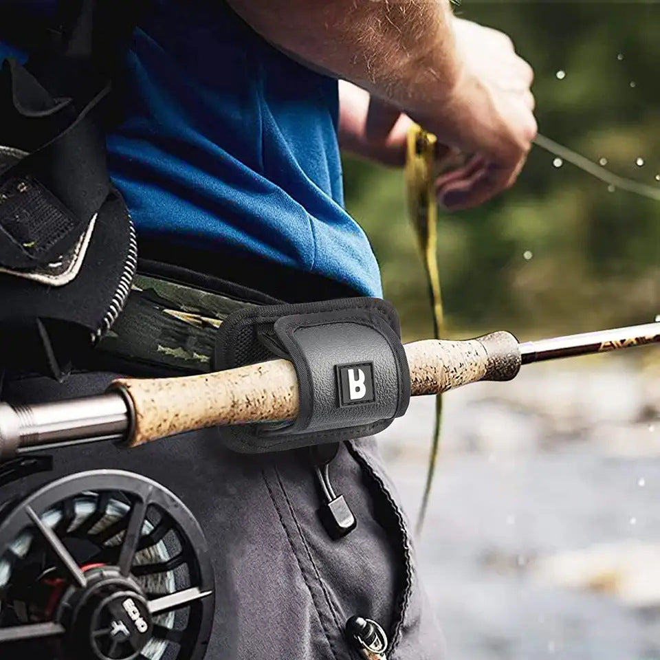 Adjustable fly fishing rod bracket in action near a river