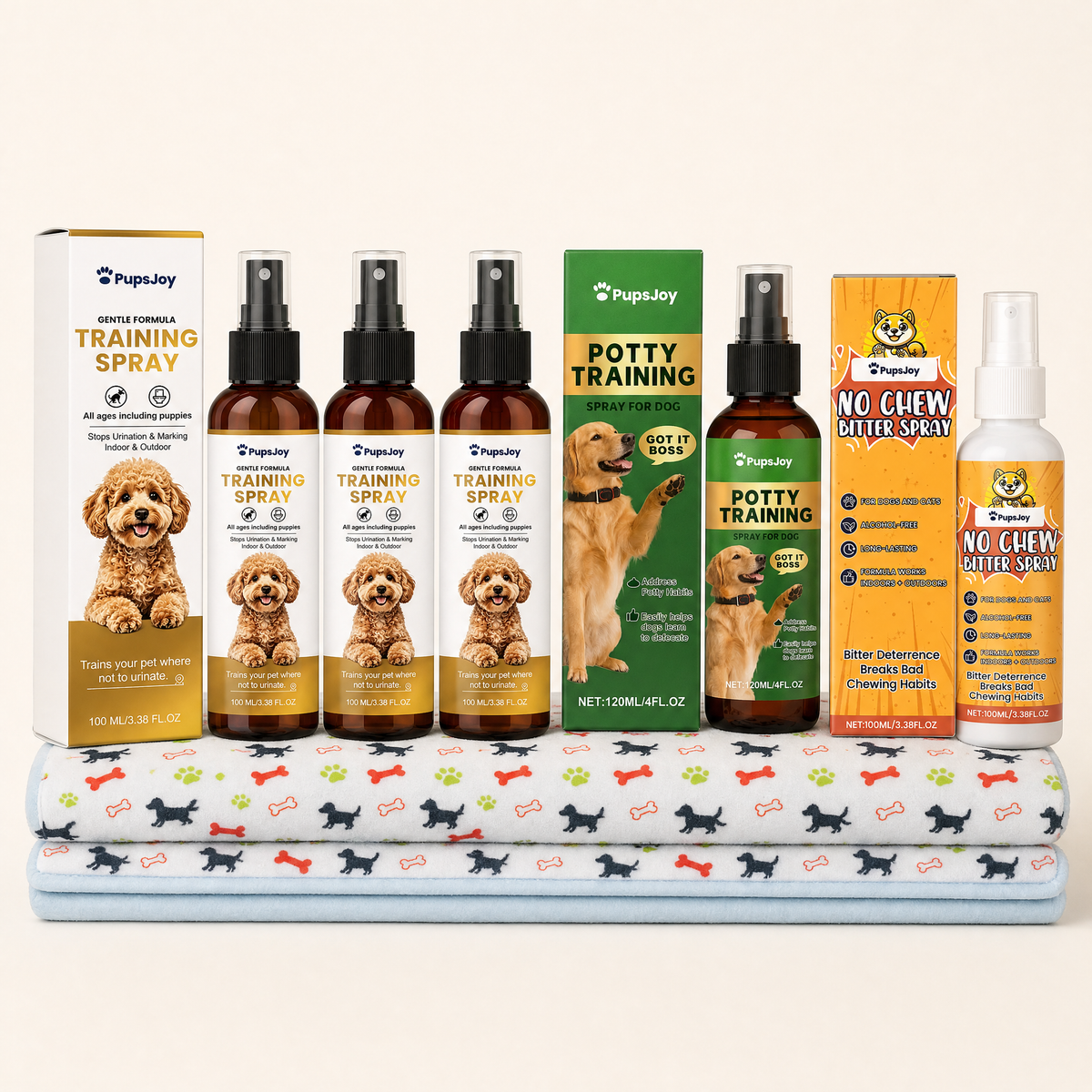 3 Bottles + Free Kit: three No Pee Here sprays, the potty training spray, the no-chew spray and a washable training mat