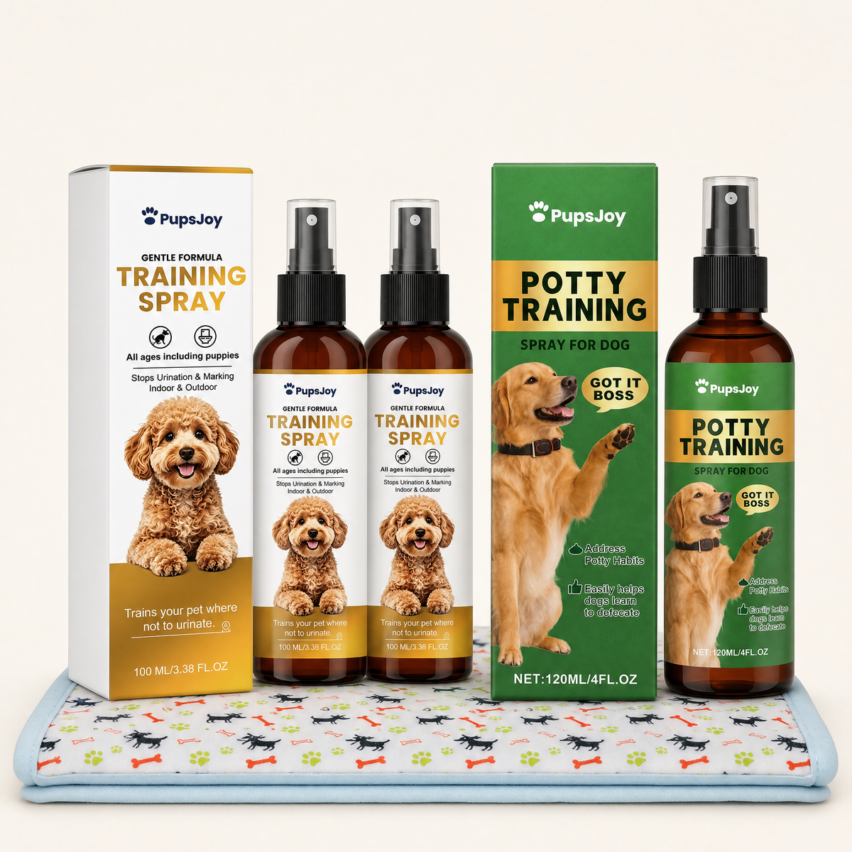 2 Bottles + Free Kit: two No Pee Here sprays, the potty training spray and a washable training mat